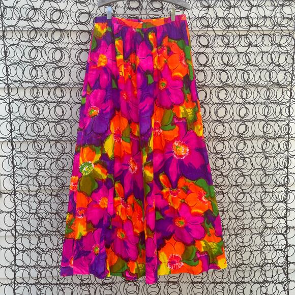 Vintage 60s Floral Psychedelic Dayglo Neon MOD Flower Power A-Line Skirt MEDIUM? - Picture 1 of 8